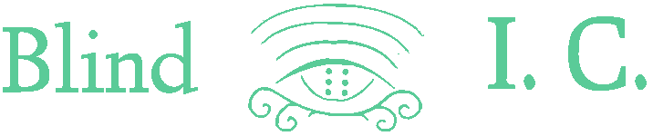 Blind I.C. Logo, an upward facing eye with a braille cell as the pupil and sound radiating from it.